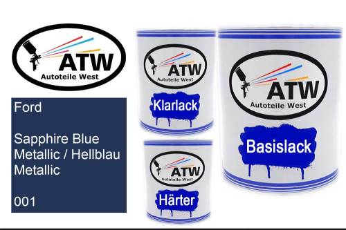 Ford, Sapphire Blue Metallic / Hellblau Metallic, 001: 1L Lackdose + 1L Klarlack + 500ml Härter - Set, von ATW Autoteile West.